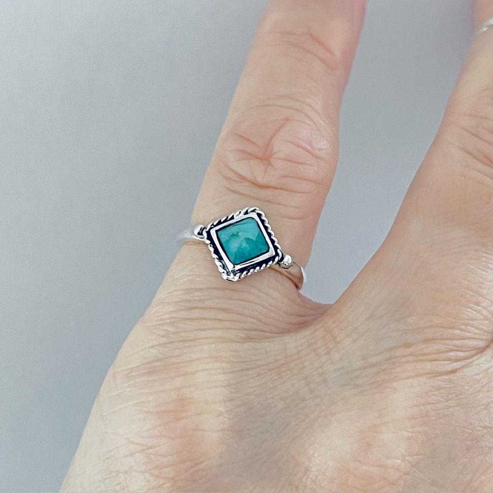 Sterling Silver Flat Diamond Shape Genuine Turquoise Ring, Minimalist Rings
